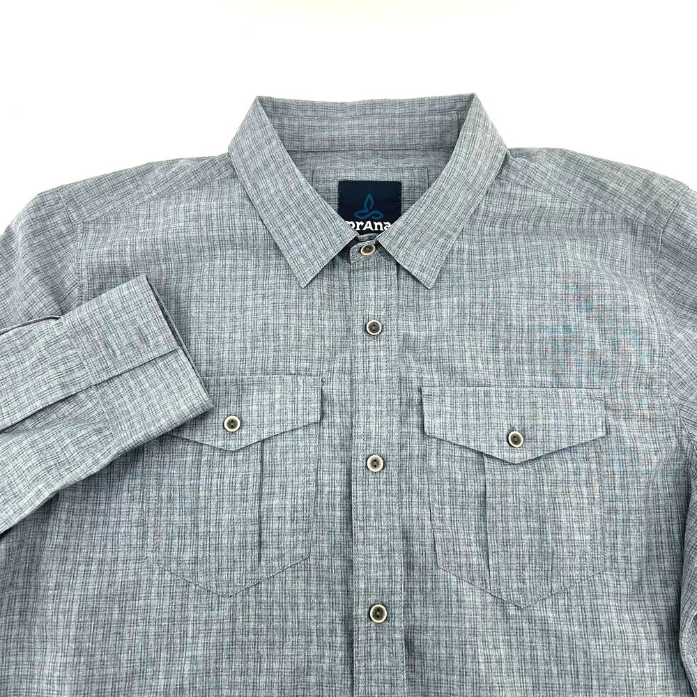 Prana Mens Medium Gray Long Sleeve Button Down Utility Shirt Hiking Outdoorsy